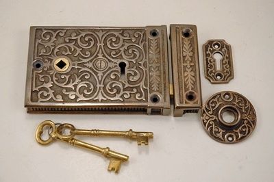 VICTORIAN RIM LOCK SET DECORATIVE SCROLL CAST BRASS  