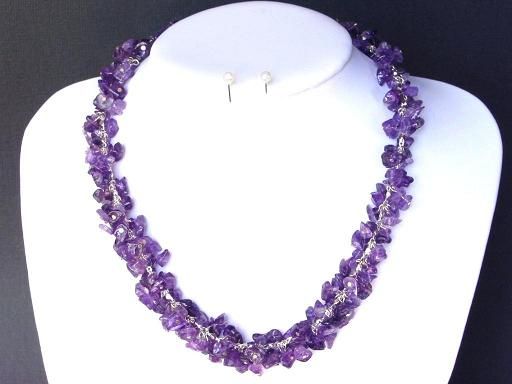 Necklace Amethyst Chip Beads Chained Dangle  