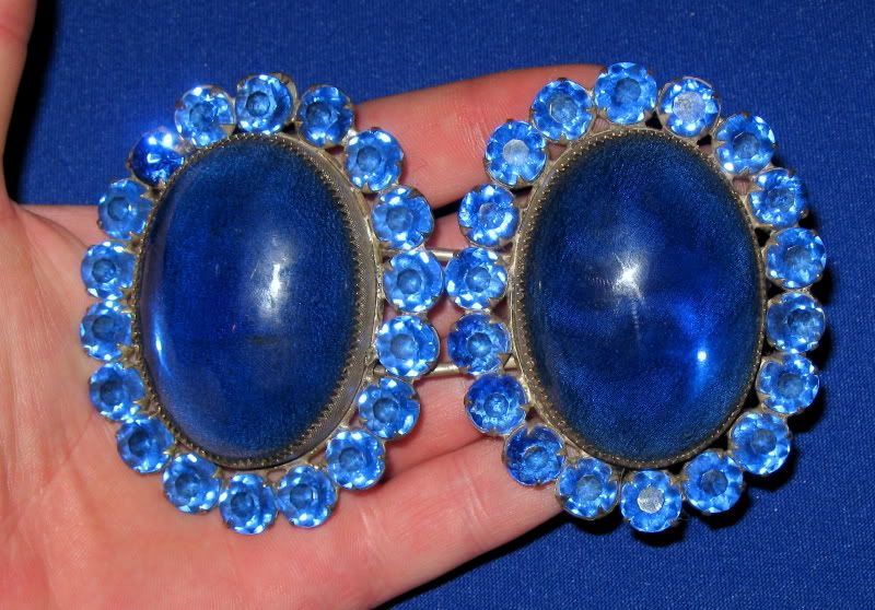 Antique 19thC Large Blue Paste Stone Set White Metal Ladies Belt 