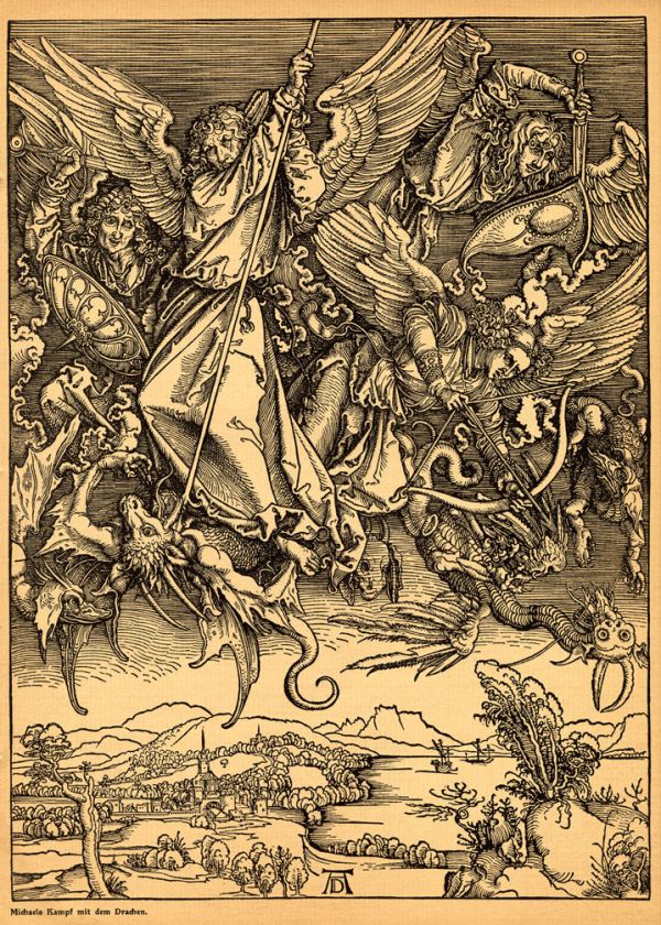 Old Religious Print JOHN MICHAEL DRAGON Durer 1920  