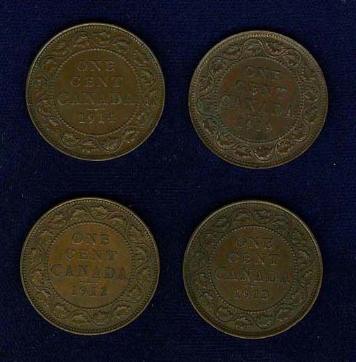 CANADA GEORGE V LARGE CENT COINS 1912, 1913, 1914, & 1919, NICE 