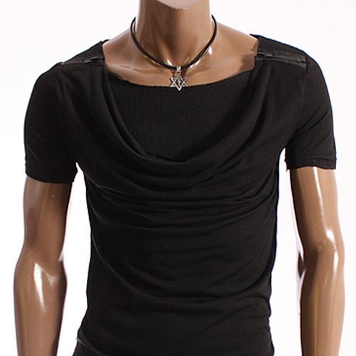 unghea Mens Zipper Shirring T shirts BLACK (ZZ03)  