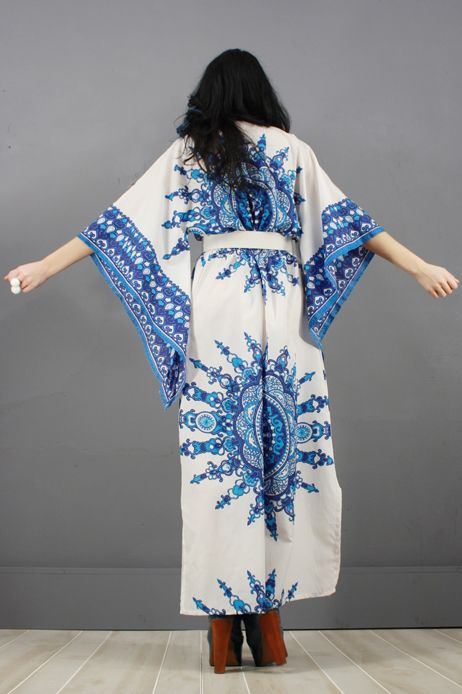 Vintage 70s Celestial Blue KIMONO Angel Wing HIPPIE Boho GODDESS Maxi 