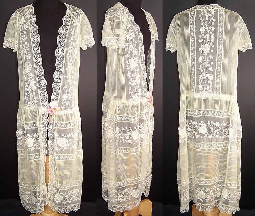   Embroidered Cream Net Lace Silk Ribbon Rosette Drop Waist Dress Coat