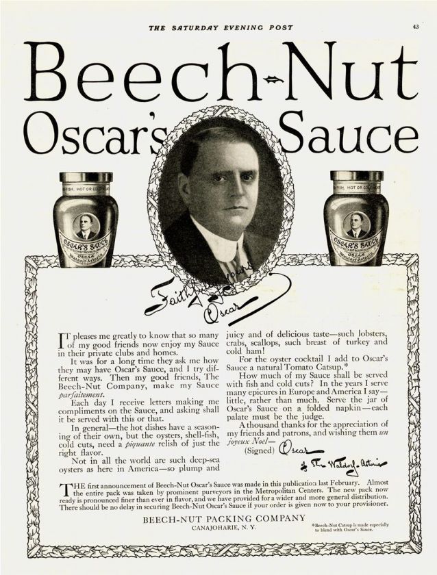 1914 AD Beech Nut Oscars Sauce Canajoharie, N.Y. advertising  