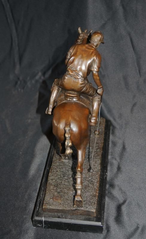 Bronze Polo Player Horse & Jockey Statue Signed  