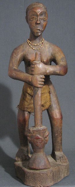 CHOKWE  AFRICAN FEMALE WITH MORTAR/PESTLE STATUE#2160  