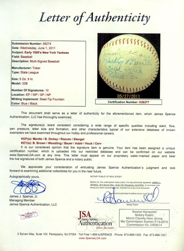 1950s YANKEES TEAM SIGNED BASEBALL JSA MANTLE, DICKEY, STENGEL 