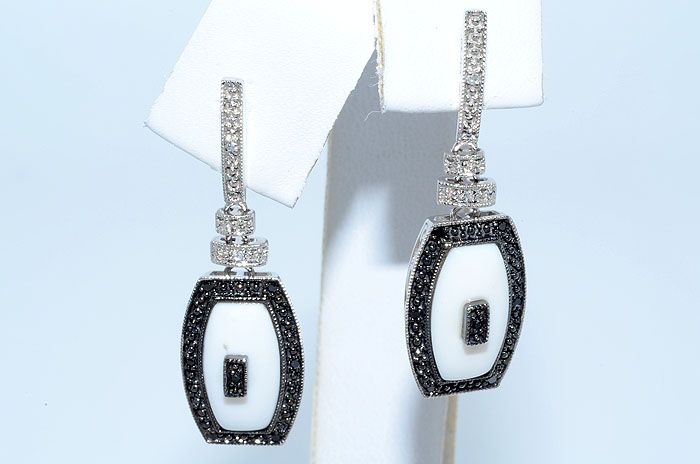 15CT WHITE ONYX, BLACK & WHITE DIAMOND DANGLE EARRINGS 10K WHITE GOLD 