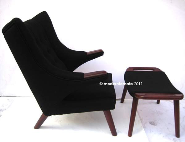 DANISH MODERN PAPA BEAR CHAIR + STOOL BLACK CASHMERE WOOL FABRIC 