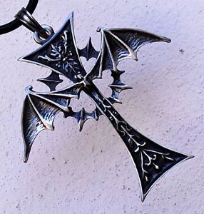 BIG VAMPIRE CROSS W Bat Wing pewter pendant W CHoker  