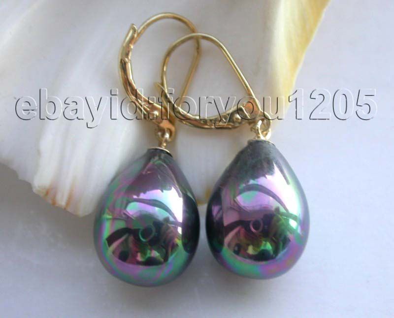 beautiful Natural 12x17mm Black Drip Shell Pearl Earrings 14k  