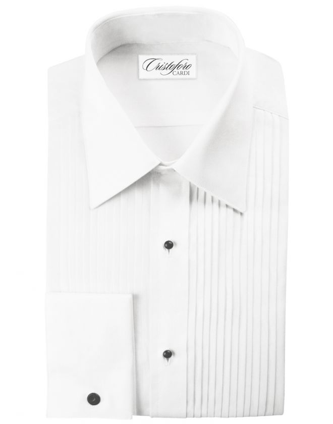 NEW Cardi White Laydown Collar Pleated Cotton Tuxedo Shirt Tux Formal 