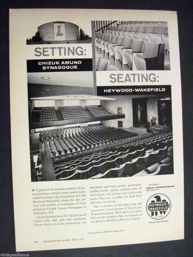 Heywood Wakefield Seating in Chizuk Amuno Synagogue Baltimore MD 1964 