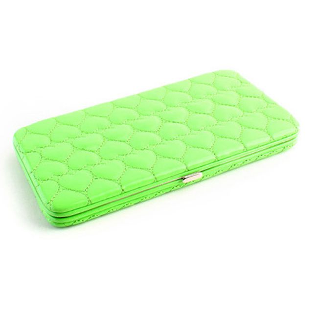 Womens Hard Case Metal frame flat Green Heart logo clutch check book 