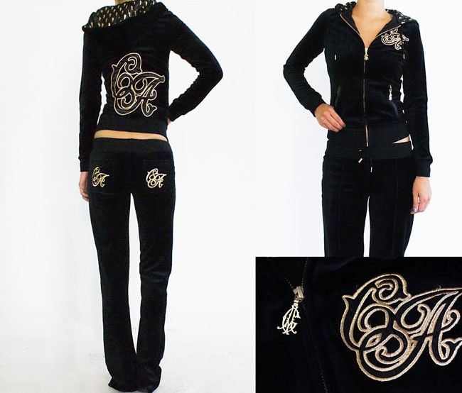 NWT Christian Audigier Velour Track Suit Set LOGO Black 100%Auth 