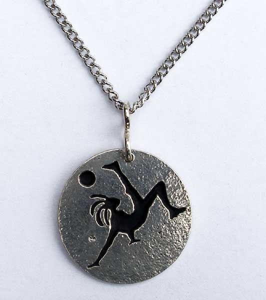 Soccer Kokopelli necklace, jewelry, over head kick  