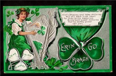 1910 silver emb. lady playing harp st.patricks day postcard  