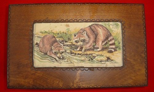 Vintage J&J Cash WOODEN TRINKET BOX Woven Picture Raccoons Walnut 