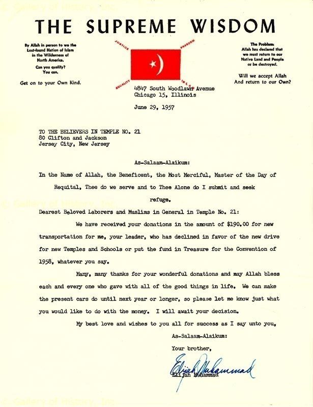 ELIJAH MUHAMMAD   TYPED LETTER SIGNED 06/29/1957  