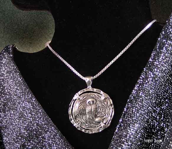 Cast GREEK SILVER ATHENA & OWL COIN NECKLACE 200BC  