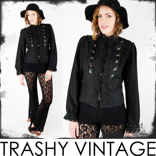   boho LACE gypsy TUXEDO RUFFLE floral EMBROIDERED shirt blouse top S/M