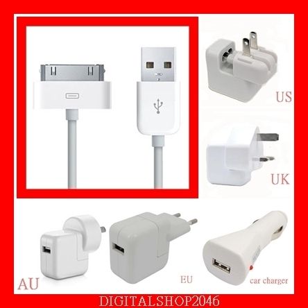   Sync Cable Charge Wall Car Charger iPhone 4 4S iPod Touch US UK EU AU