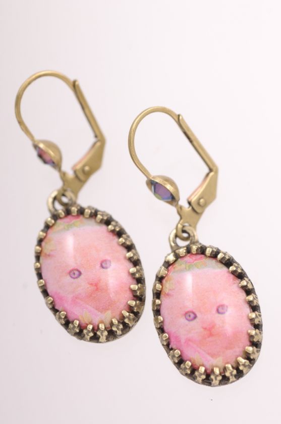 Michal Negrin Authentic Vintage Rose Print Dangling Earrings w Red 