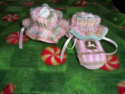 HANDMADE,KNIT RUFFLED CAMO JOHN DEERE BABY GIRL BOOTIES Perfect for 