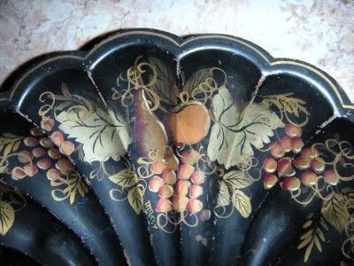 VINTAGE LARGE BLACK TOLEWARE SHELL BOWL w FRUIT DESIGN  