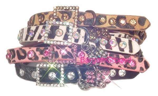   Cat Pet Rhinestone Bling Crystal Hair on Animal Print Leather Collar