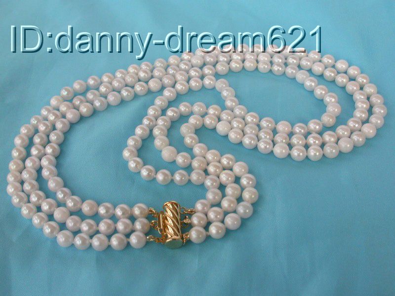 Elegant 3strands round white Akoya saltwater pearls necklace14K  