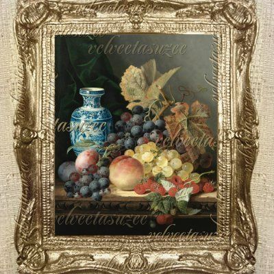 Still Life Dollhouse Picture Fruit Grapes Victorian Art  