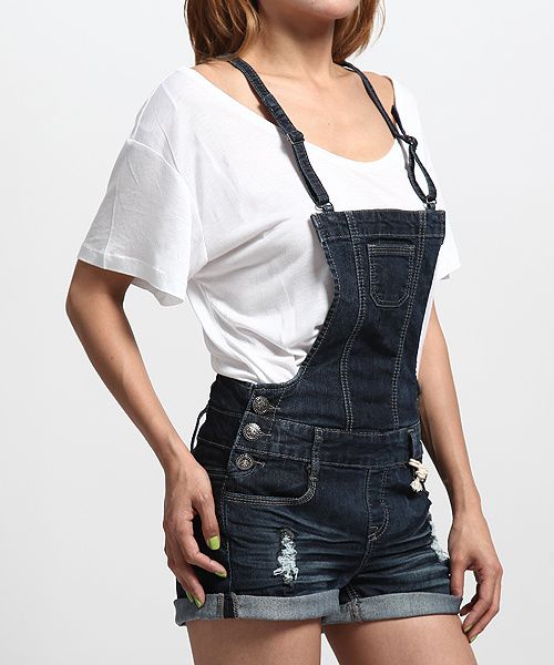 MOGAN Vintage Destroyed DENIM OVERALL SHORTS Suspender Jumper Romper 