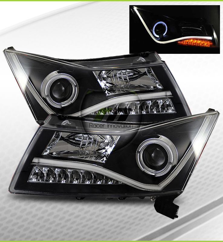   2012 Chevy Cruze BLK Halo R8 DRL LED Strip Projector Headlights Lamps