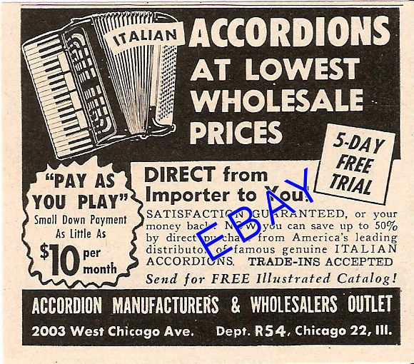 1954 ITALIAN ACCORDION AD INSTRUMENT CHICAGO IL  