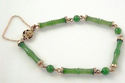   14K YELLOW GOLD GREEN JADE ASIAN CHINESE BAMBOO LINKS BRACELET  