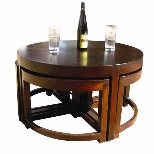 Brown Round Cocktail Sofa Wood Coffee Table with Hidden Stools Set 