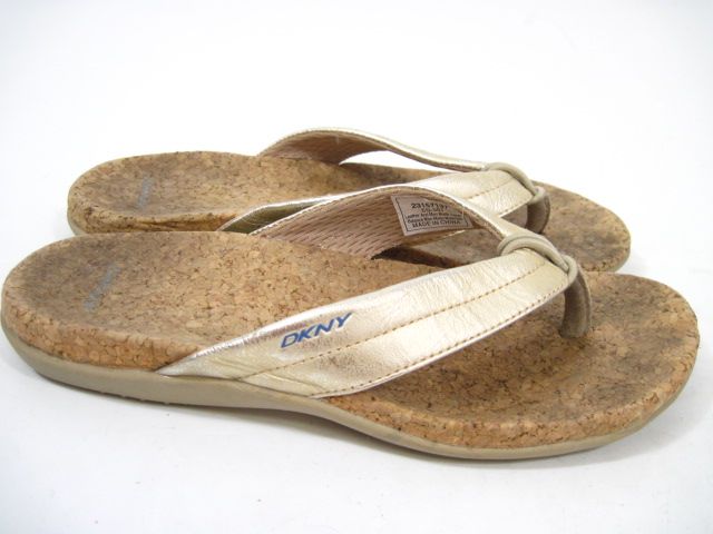 DKNY Metallic Gold Cork Thongs Shoes Sandals Sz 7  