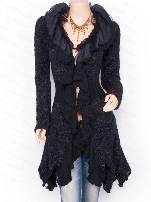 Beautiful Knit Ruffles Collared Lace Cardigan Long Sweater Jacket 