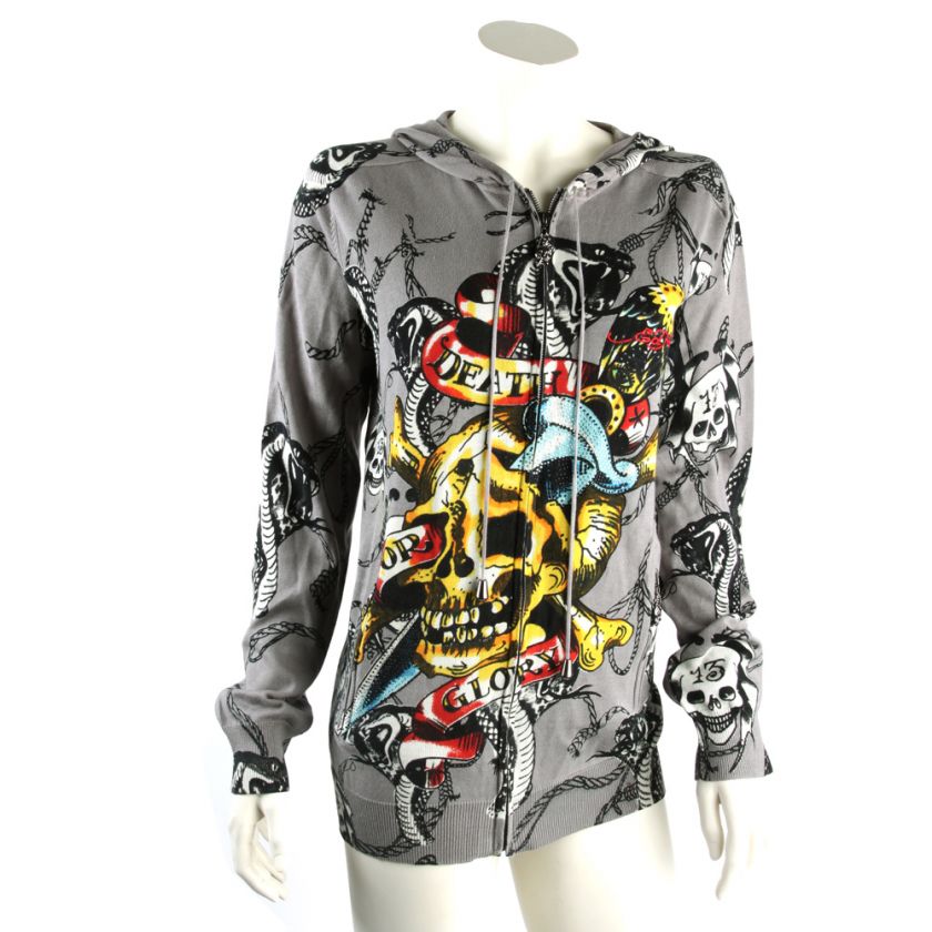 Ed Hardy Chrome Mens Death Skull Platinum Knit Zip Up Hoodie  