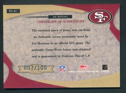 2008 Leaf Certified Materials Joe Montana FOTG Fabric of the Game 
