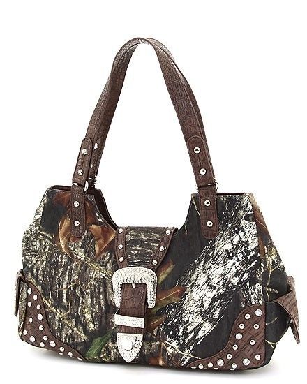 WESTERN COWGIRL MOSSY OAK CAMO RHINESTONE BUCKLE SATCHEL PURSE HANDBAG 