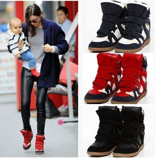   High Top Strap Sneakers shoes Ladys PU leather+Suede Wedge Ankle Boots