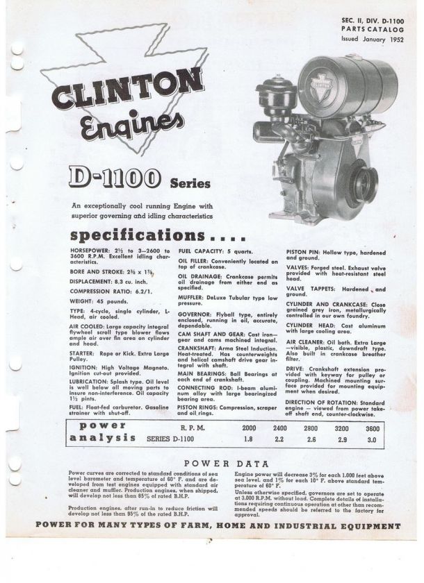 CLINTON ENGINE D 1100 SERIES PARTS CATALOG MANUAL VINTAGE GAS MOTOR 2 