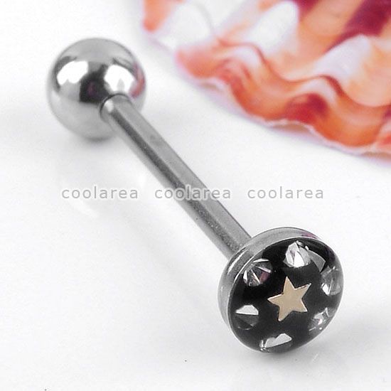 Style 14G Stainless Steel Crystal Black Plastic Barbell Tongue Ring 