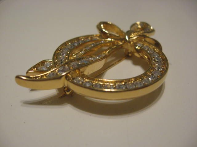 Nolan Miller Crystal Rhinestone Ribbon Brooch Pin in box  