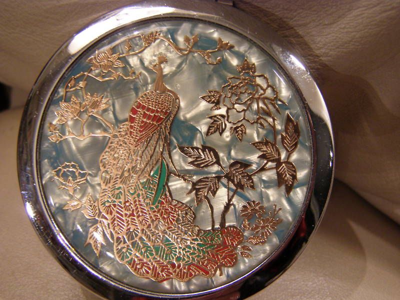 VINTAGE DECORATED GENUINE GOLD PEACOCK COMPACT MIRROR  