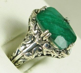 Art Deco 4.00ct Cushion Cut Genuine Emerald Sterling Silver Filigree 