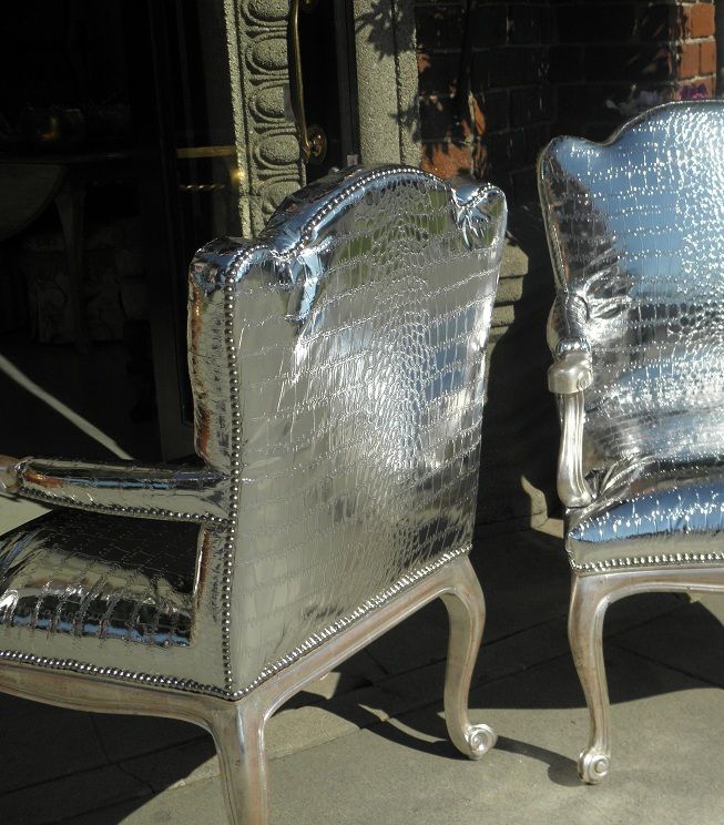 Pair of Silver Crocodile Baroque Designer Chairs by Thrive Decor LAST 